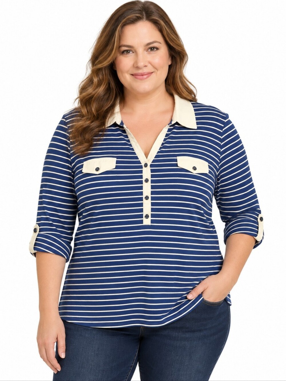 Karen Scott Blue Striped Cotton Roll-Tab Top XL